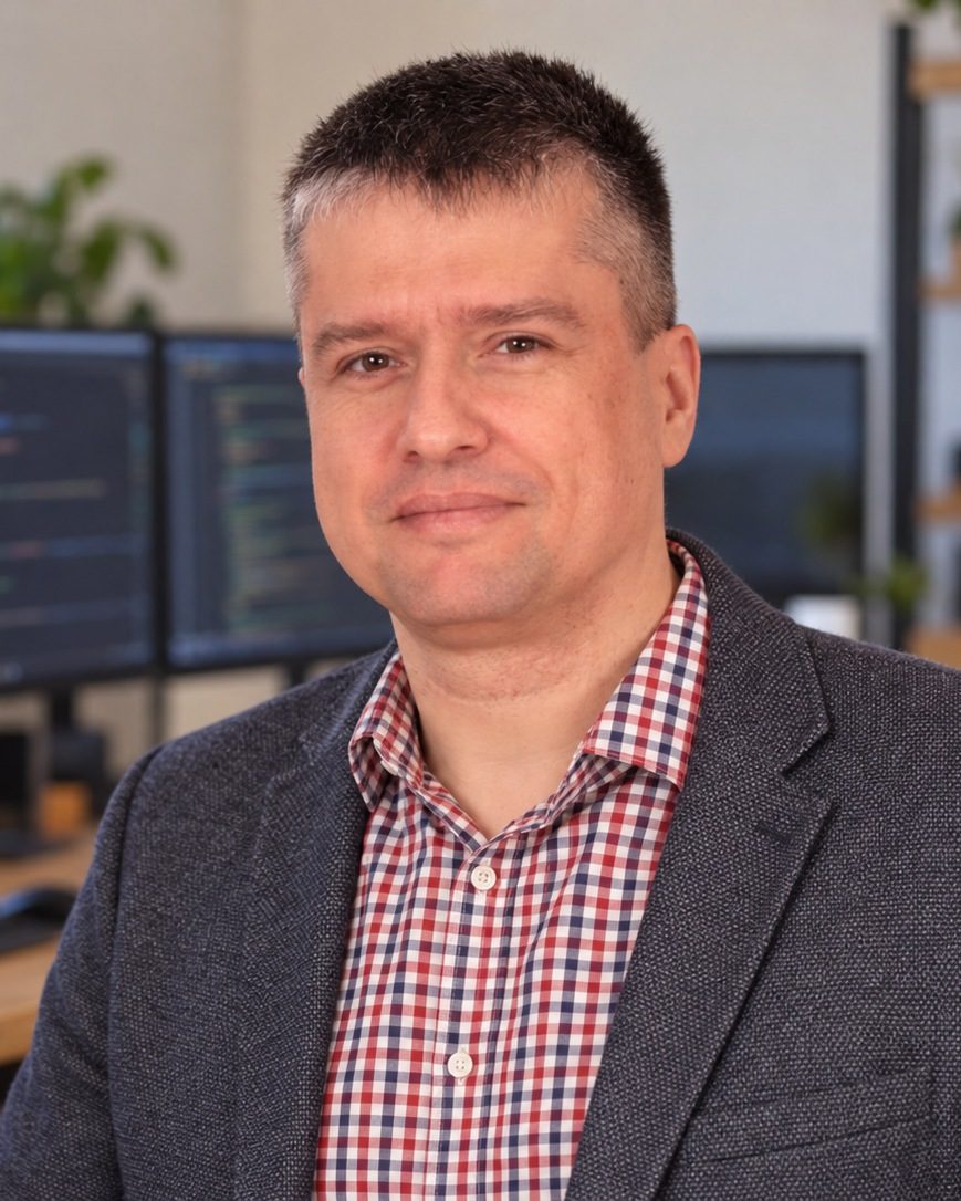 Zoltán Antali in seinem Büro, dahinter Monitore mit einer ERP-Anwendung und einem Code-Editor