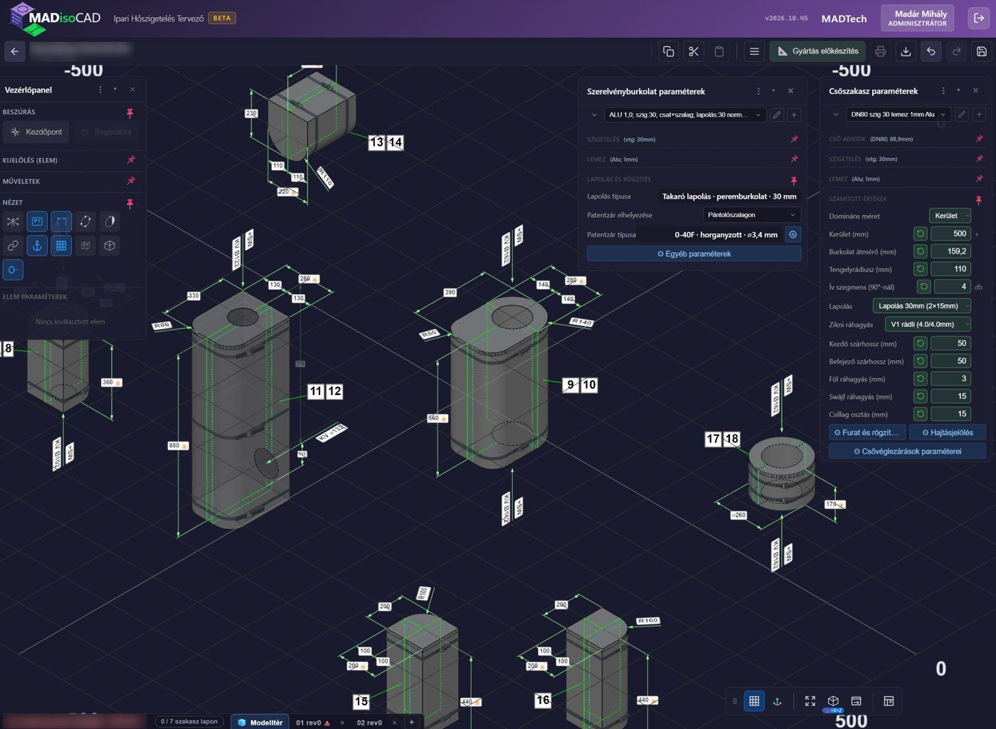 Aufgemessene Armaturenkappen im 3D-Editor mit Maßen und Positionsnummern, daneben die Parameter von Kappe und Rohrabschnitt