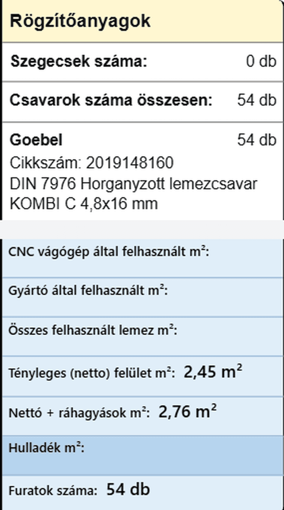 Ausschnitt aus der rechten Spalte des Zeichnungsblatts: 54 Stk. Goebel DIN 7976 Blechschrauben verzinkt, Artikelnummer 2019148160; Nettofläche 2,45 m², mit Zugaben 2,76 m², 54 Bohrungen
